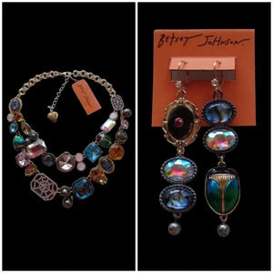 BETSEY JOHNSON SET Halloween Multi-Charm & Stones Scarab Necklace & Earrings NWT